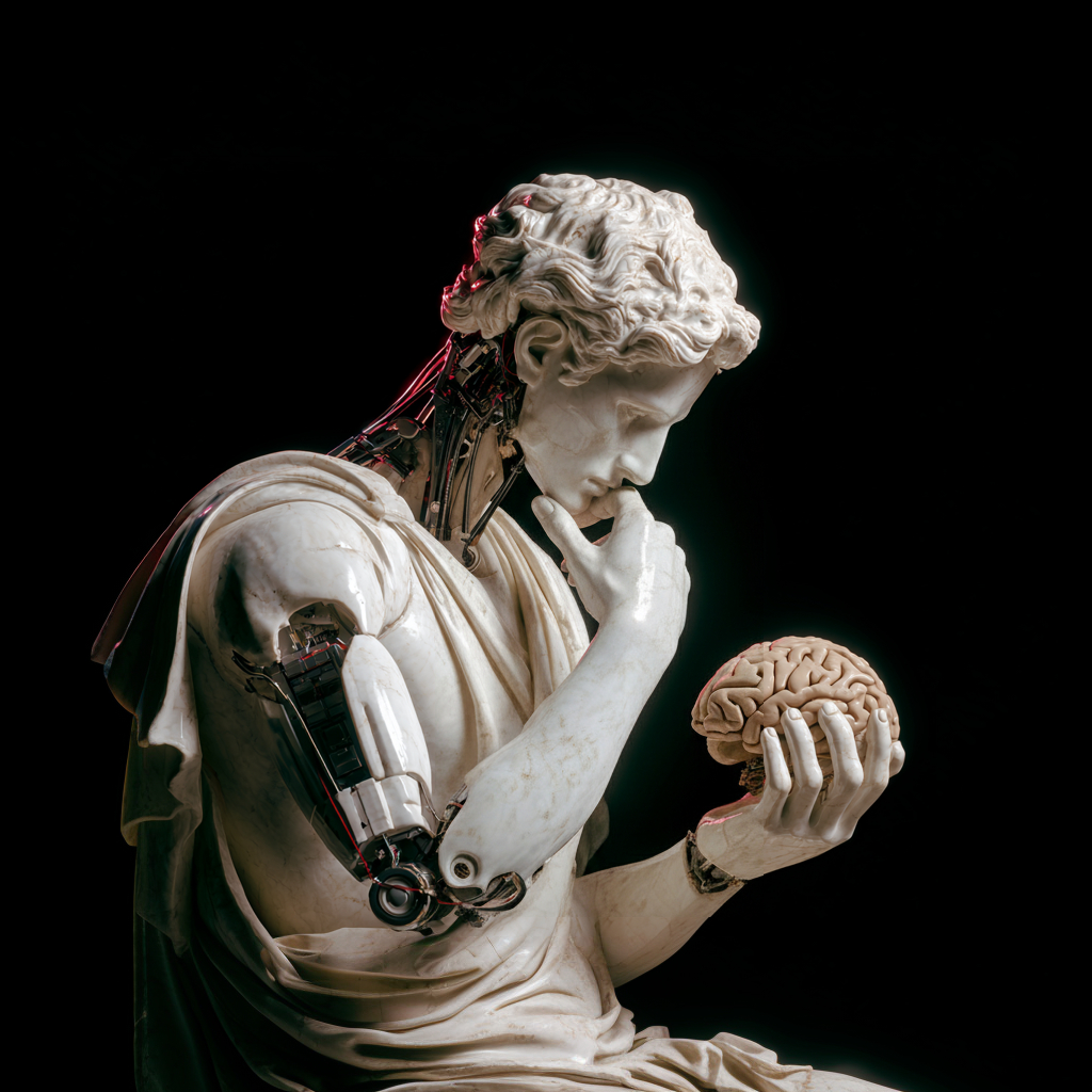 A thinking Robot holding a brain